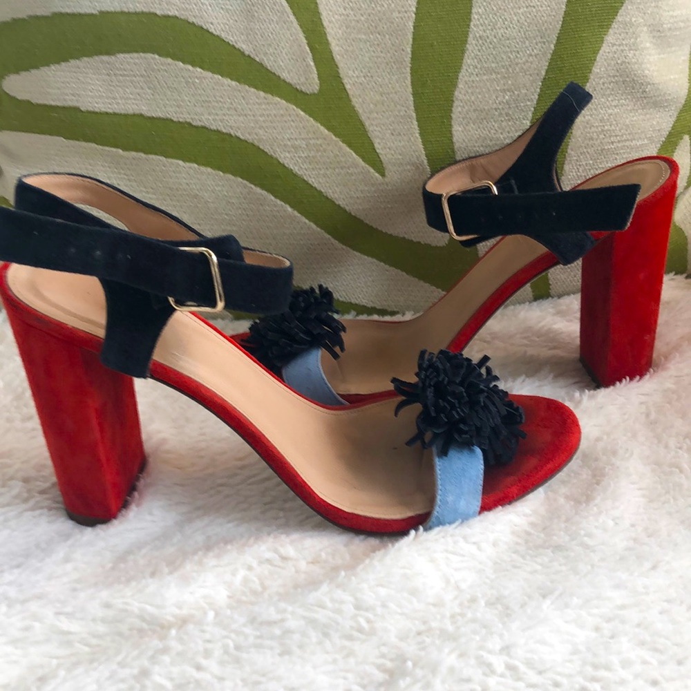 JCrew blue and red suede high heel sandals